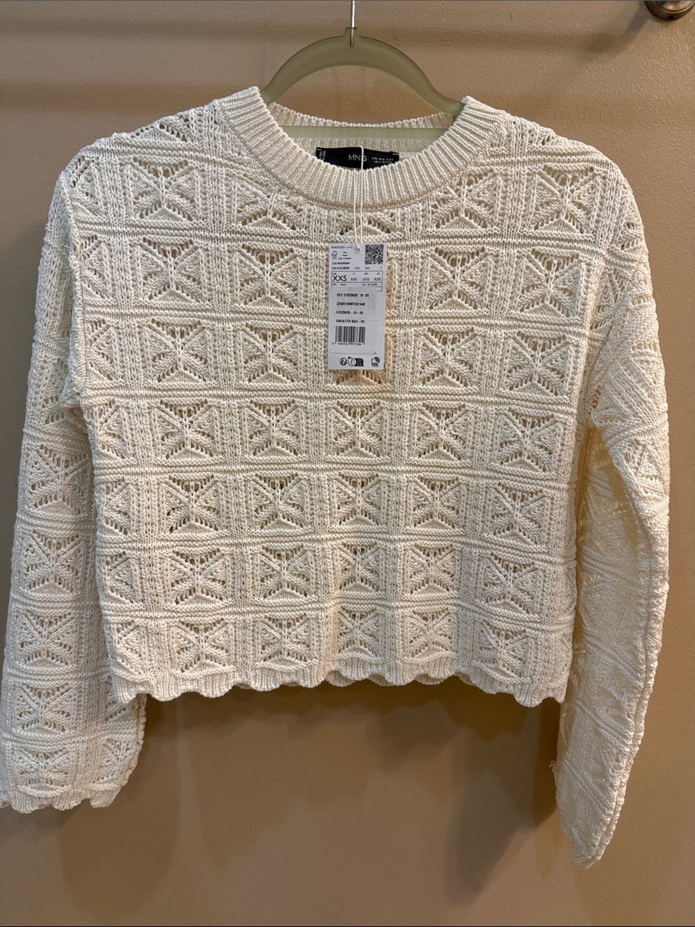 Mango Cream Cropped Openwork Crewneck Sweater